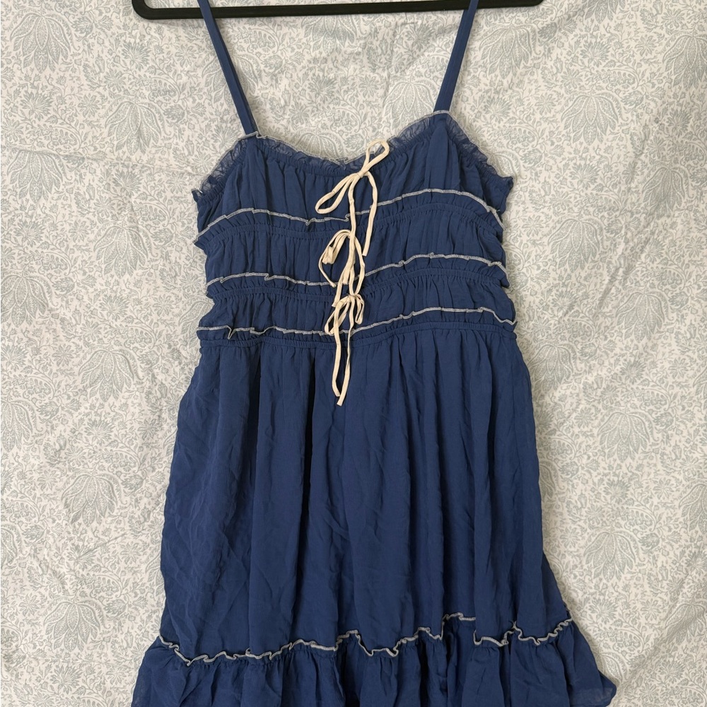 Blue Tiered Spaghetti Strap Dress with Drawstring